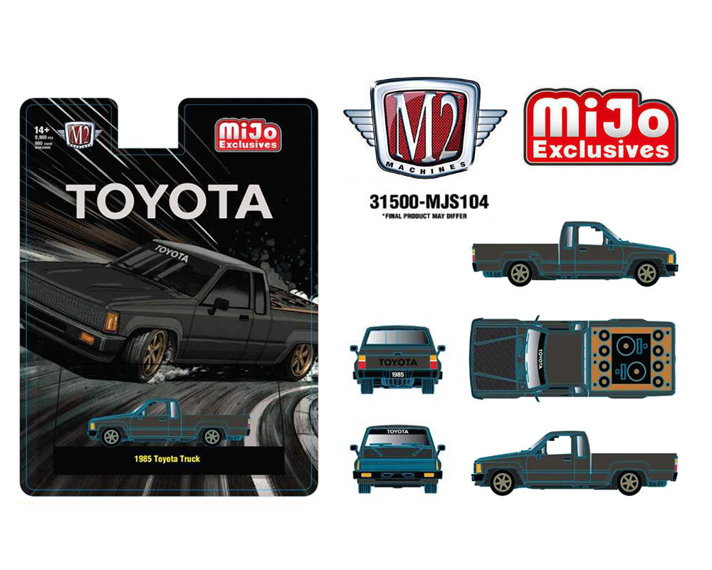 Preorder) M2 Machines 1:64 1985 Toyota Pickup Truck Slammed Custom – Matte Grey w/ Carbon Hood – MiJo Exclusives