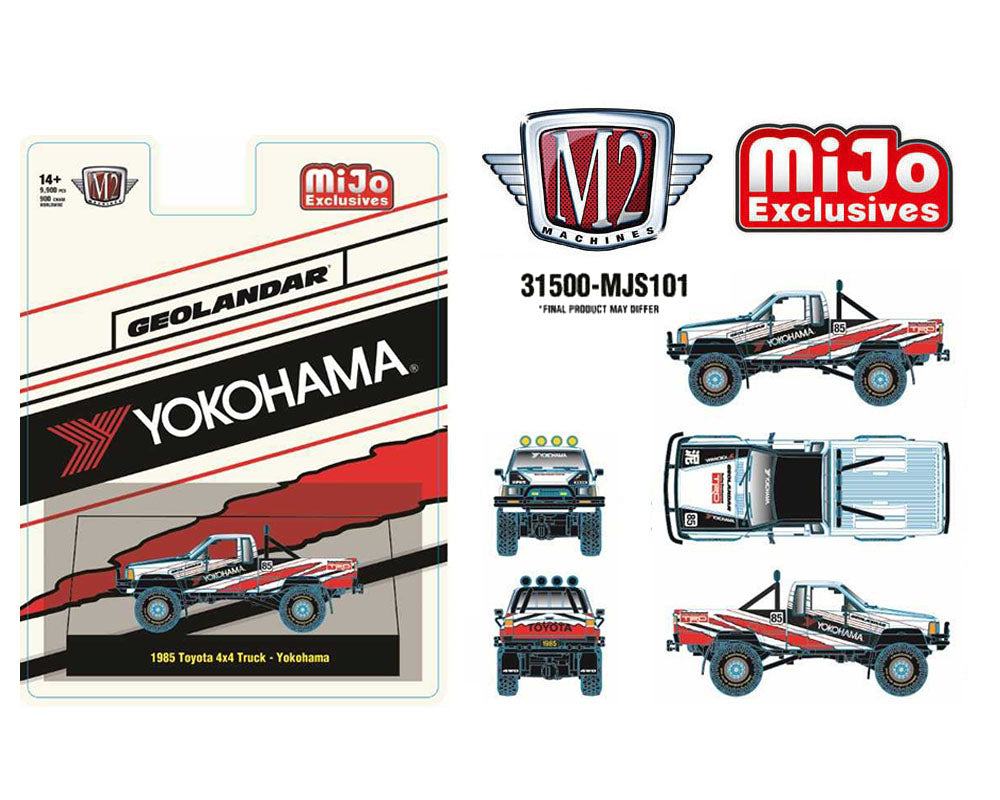 Preorder) M2 Machines 1:64 1985 Toyota 4×4 Off-Road Pickup Yokohama Geolandar – White – MiJo Exclusives