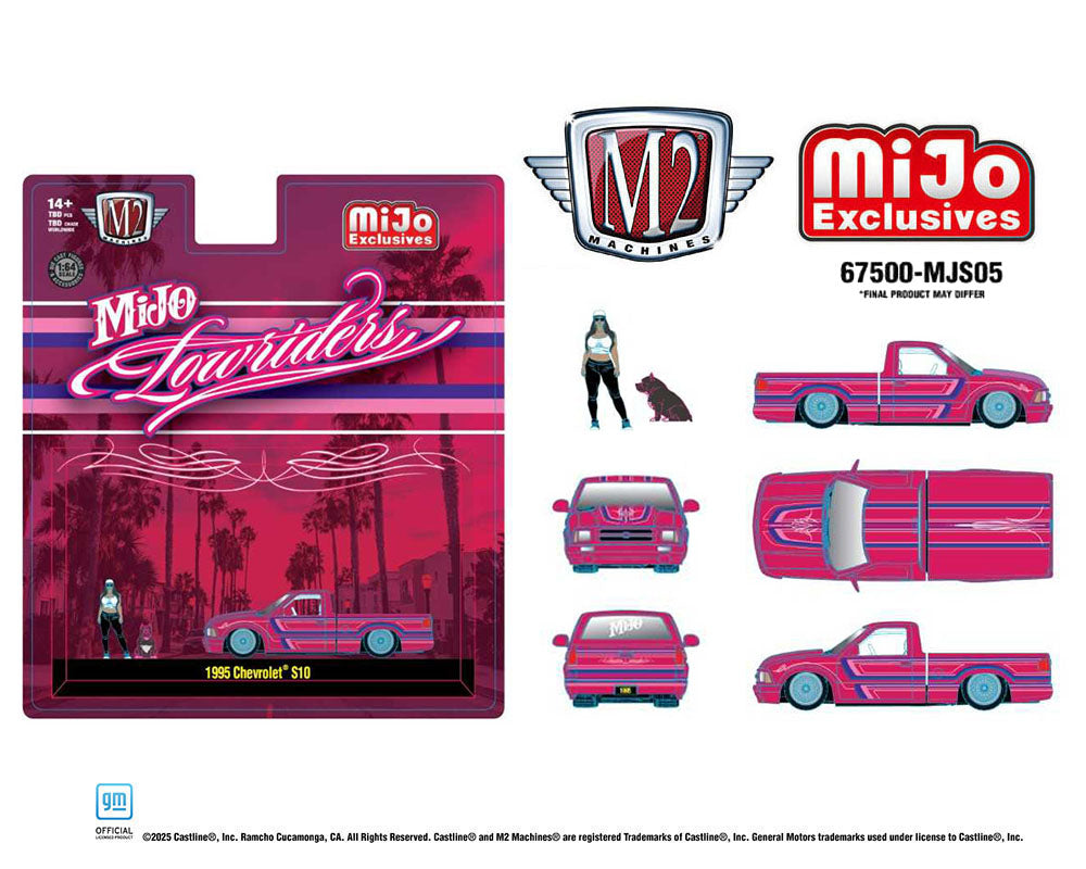 Preorder) M2 Machines 1:64 Diorama Series 1995 Chevrolet S10 Lowriders with Girl & Pitbull Dog Figures – Pink – Mijo Exclusives