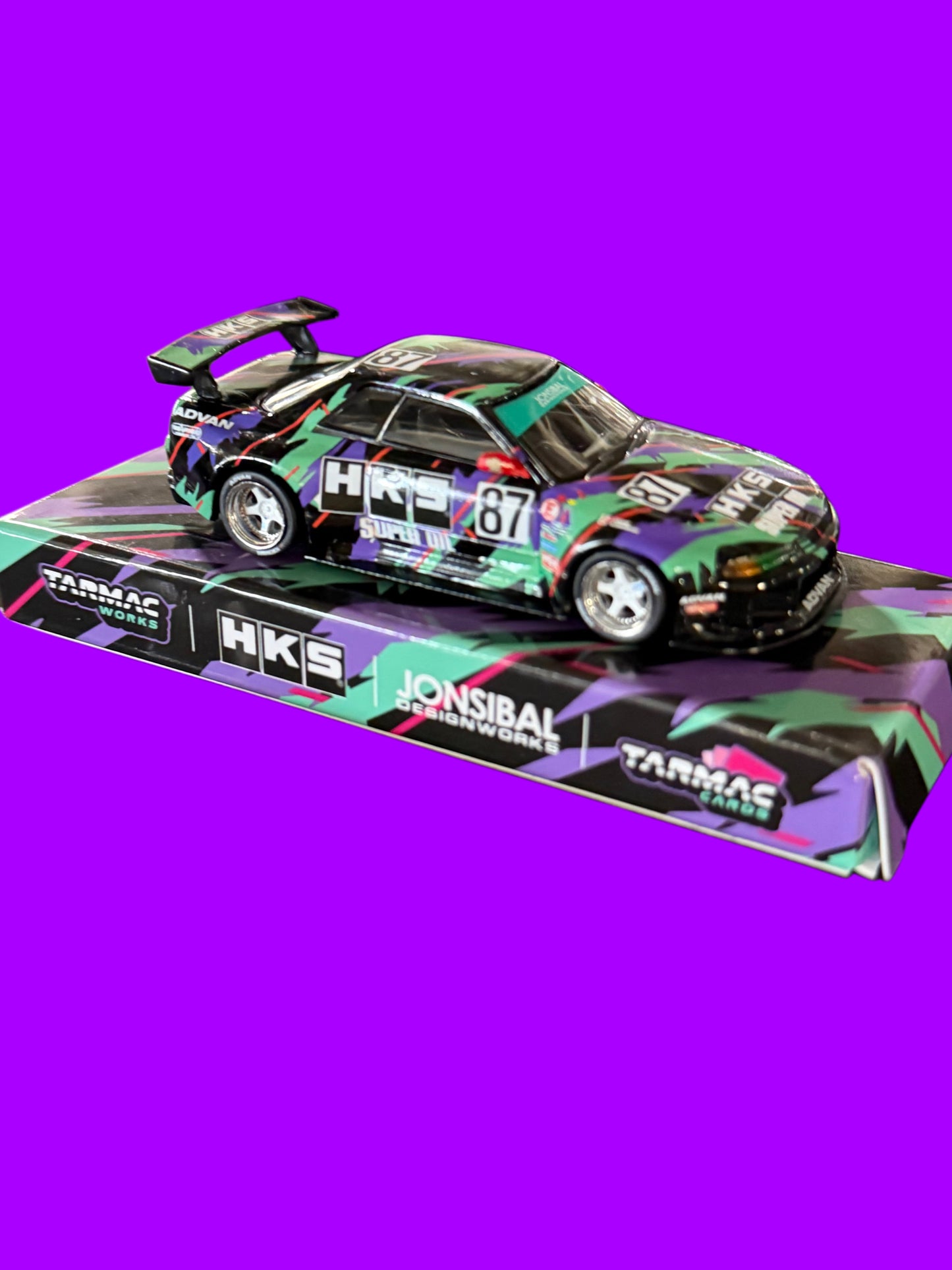 Tarmac Works 1:64 Nissan Skyline (R32) Widebody Jonsibal Designworks & HKS with Card Pack – Blue, Green, Black – Tarmac Cards MiJo Exclusives Limited Edition
