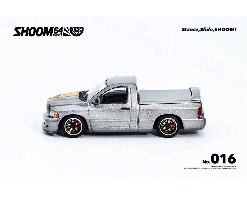 Preorder) SHOOM64 1:64 2003 Dodge Ram SRT-10 Pickup – Grey with Orange – Limited Edition