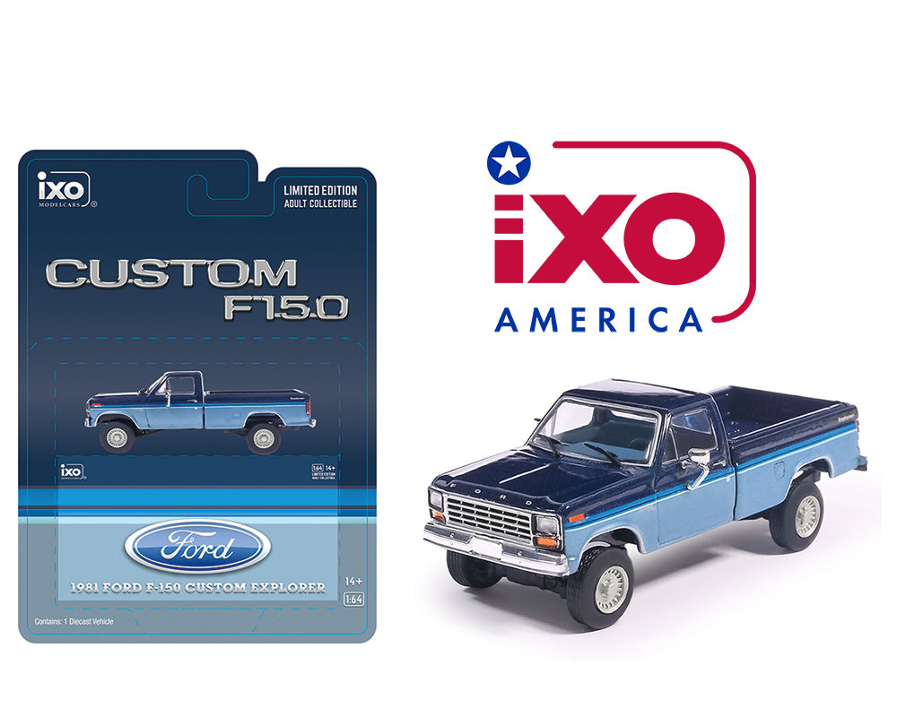 Preorder) IXO Model 1:64 1981 Ford F-150 Custom Explorer Short Bed Styleside 4×2 – Two-Tone Midnight Blue Metallic and Medium Blue Glow – Limited Edition