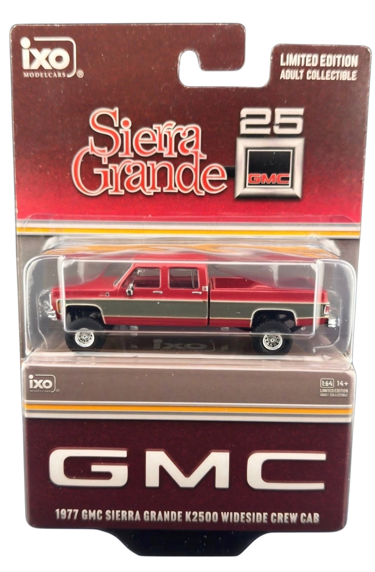 IXO Model 1:64 1977 GMC Sierra Grande K2500 Crew Cab Wideside – Dark Red Metallic and Silver Special Two-Tone – Lifted – Limited Edition