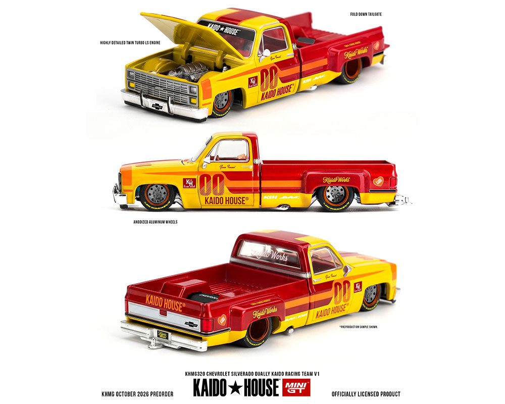 Preorder) Kaido House x Mini GT Chevrolet Silverado Dually Kaido Racing Team V1 – Yellow Red Two- Tone
