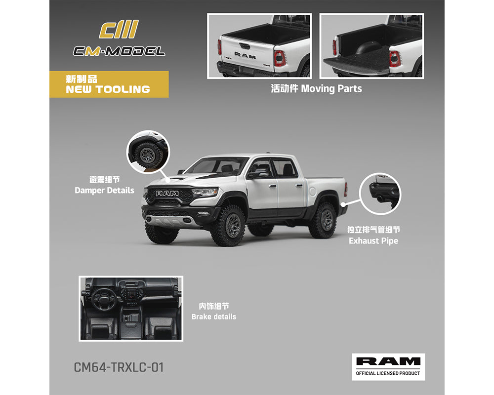 Preorder) CM Model 1:64 2024 Dodge Ram 1500 TRX 6.2L Supercharged V8 – Final Edition Stellantis Diamond – White Crystal Pearl – Mijo Exclusives Limited Edition