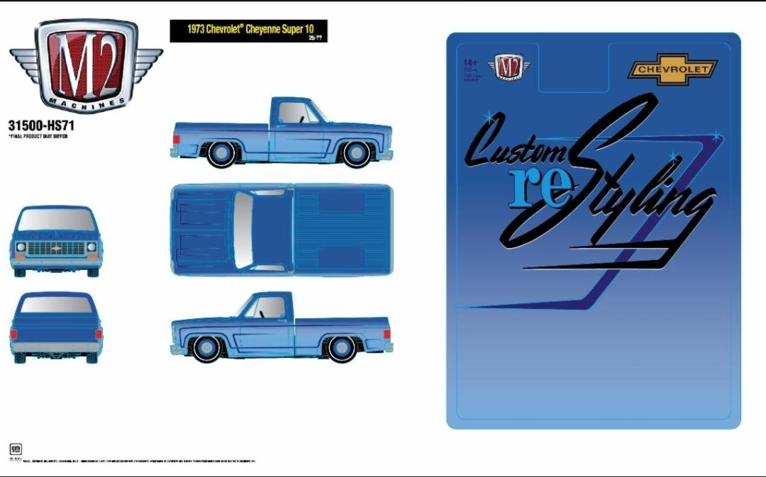 M2 Machines 31500-HS71 BLUE 1973 Chevrolet Cheyenne Super 10 Custom ReStyling PREORDER dec