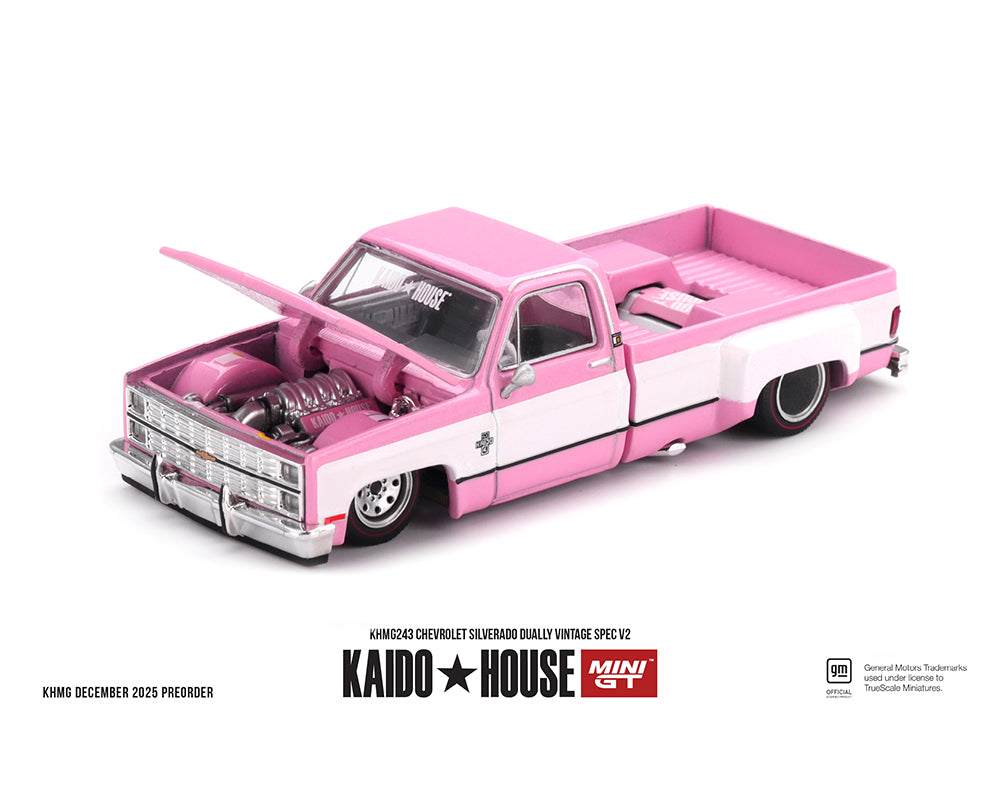 (Preorder) Kaido House x Mini GT Chevrolet Silverado Dually Vintage Spec V2 – Pink with White