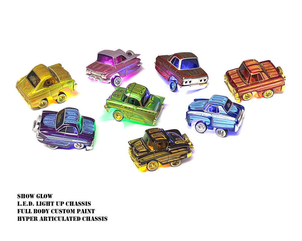 CarTuned 1:64 Lowriders SHOW GLOW Series 1 Assortment of 8 Styles 2025 – L.E.D. Light Up Chassis