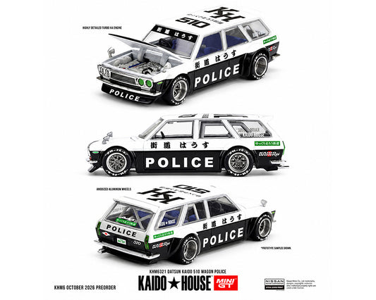 Preorder) Kaido House x Mini GT Datsun KAIDO 510 Wagon Police – Black White Two-Tone