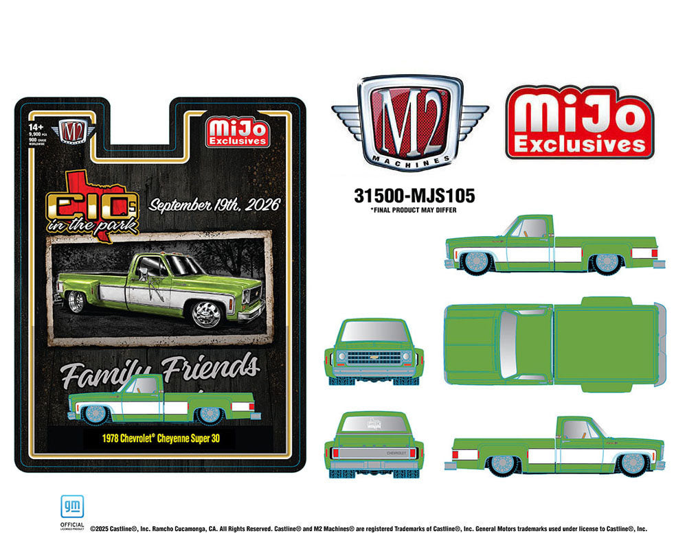 Preorder) M2 Machines 1:64 Diorama Series 2026 “C10s In The Park” 1978 Chevrolet Cheyenne Super 30 – Two-Tone Green White – Mijo Exclusives