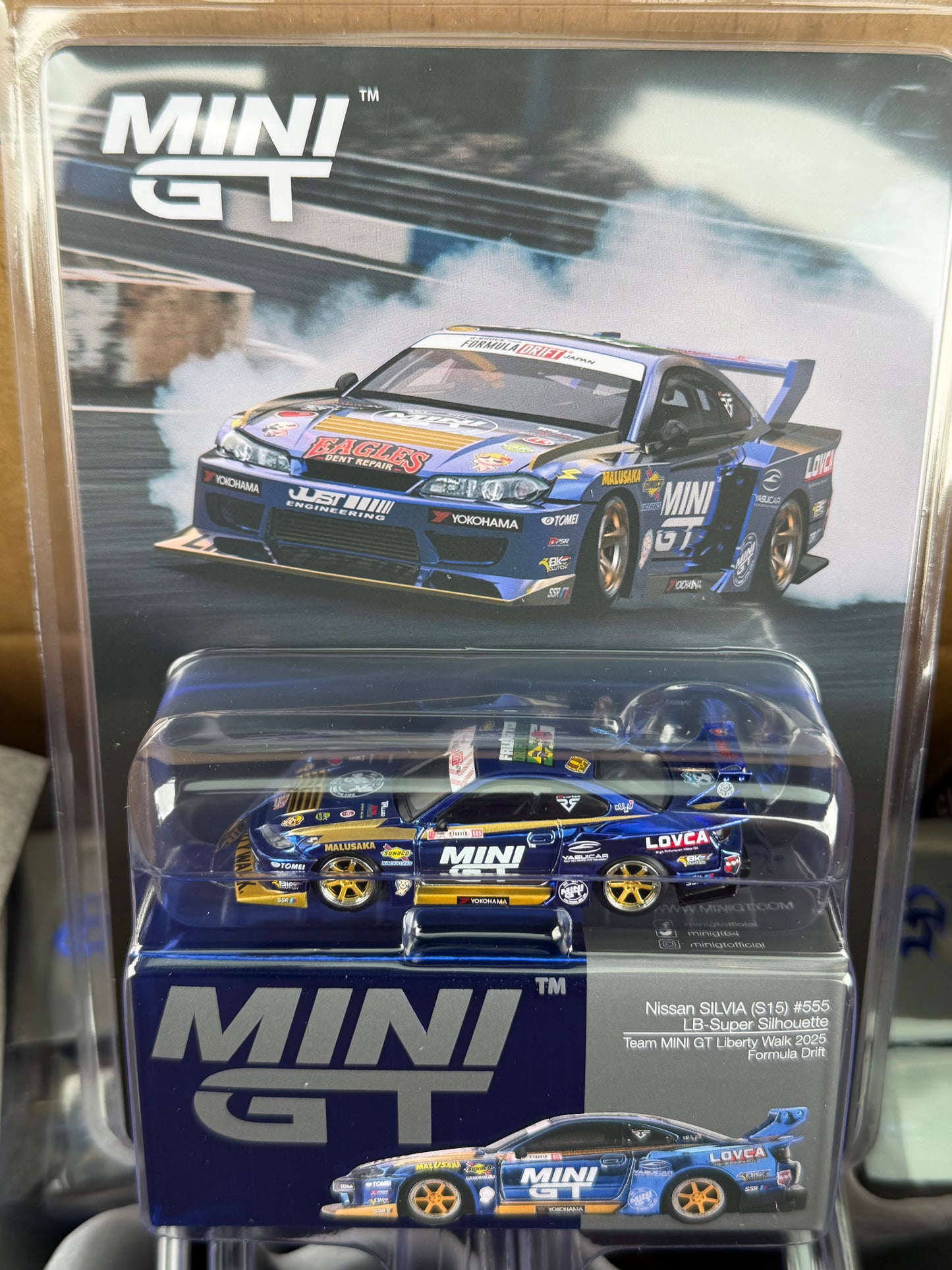 Mini GT 1:64 Nissan LB-Super Silhouette S15 SILVIA #555 Team MINI GT Liberty Walk 2025 Formula Drift – Chrome Blue