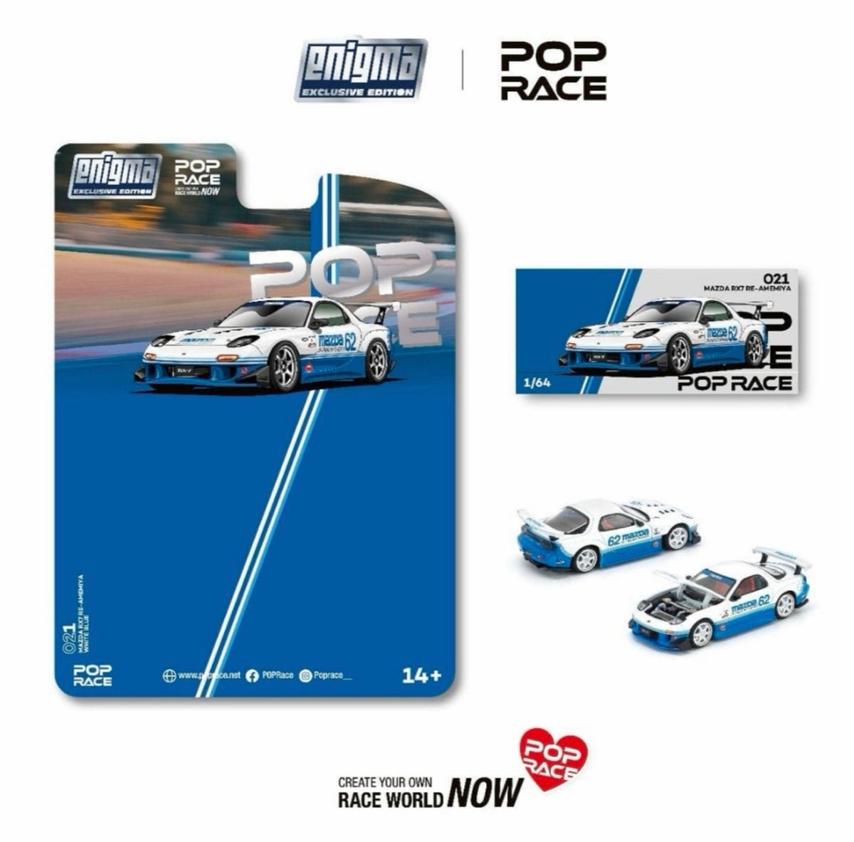 Pop Race 1/64 MAZDA RX7 (FD3S) BLUE / WHITE Blister