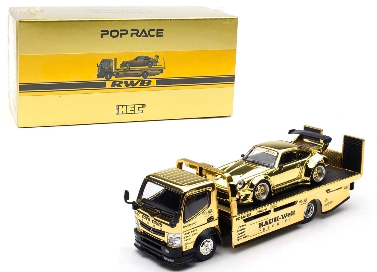 Pop Race 1:64 Porsche RWB 930 & RWB Truck Gold Chrome Set HEC 2026 Event Car Set