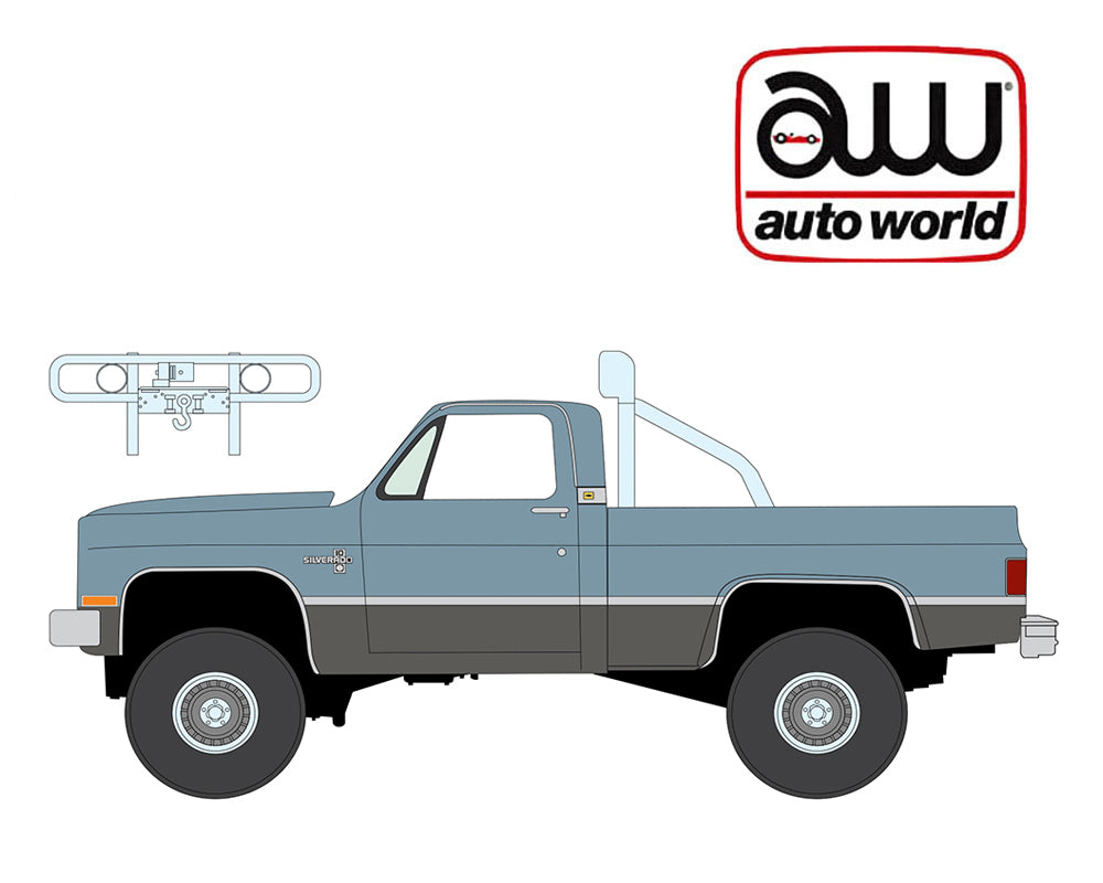 Preorder) Auto World 1:64 2026 Premium Release 2B – 1987 Chevy Silverado Fleetside 4×4 w/Roll Bar & Push Bar- Blue
