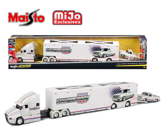 Preorder) Maisto 1:64 Mijo Exclusives Mack Anthem & 1987 Chevrolet 1500 Pick-Up Truck – SQUAREBODY USA – Design Transporters