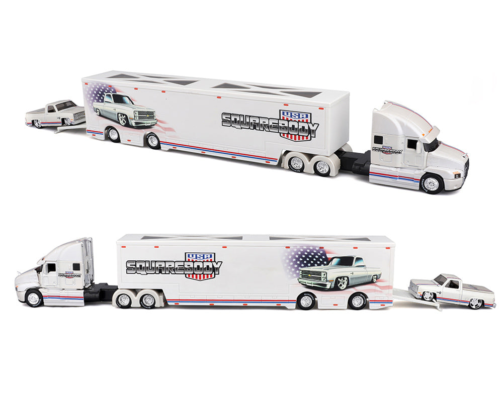 Preorder) Maisto 1:64 Mijo Exclusives Mack Anthem & 1987 Chevrolet 1500 Pick-Up Truck – SQUAREBODY USA – Design Transporters