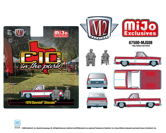 Preorder) M2 Machines 1:64 Diorama Series 2026 “C10s In The Park” 1978 Chevrolet Silverado w 2 Figures – Two-Tone Red White – Mijo Exclusives