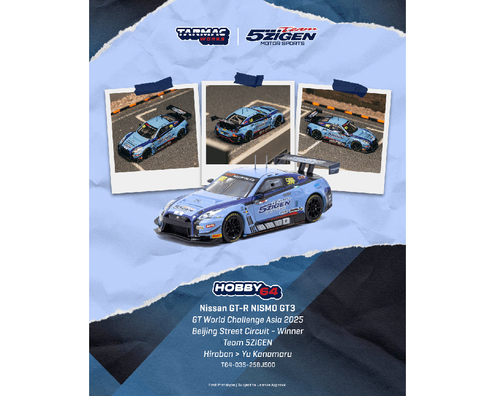 Preorder) Tarmac Works 1:64 Nissan GT-R NISMO GT3 GT World Challenge Asia 2025 Beijing Street Circuit – Winner TEAM 5ZIGEN Hirobon / Yu Kanamaru- Hobby64
