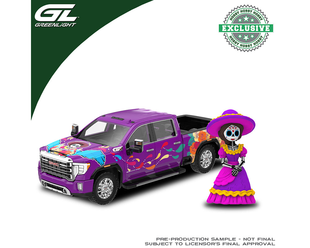 Preorder) Greenlight 1:64 2023 GMC Sierra 3500 HD – Dia De Los Muertos with La Catrina Figure – Purple – Hobby Exclusive