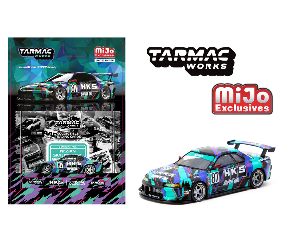 Tarmac Works 1:64 Nissan Skyline (R32) Widebody Jonsibal Designworks & HKS with Card Pack – Blue, Green, Black – Tarmac Cards MiJo Exclusives Limited Edition