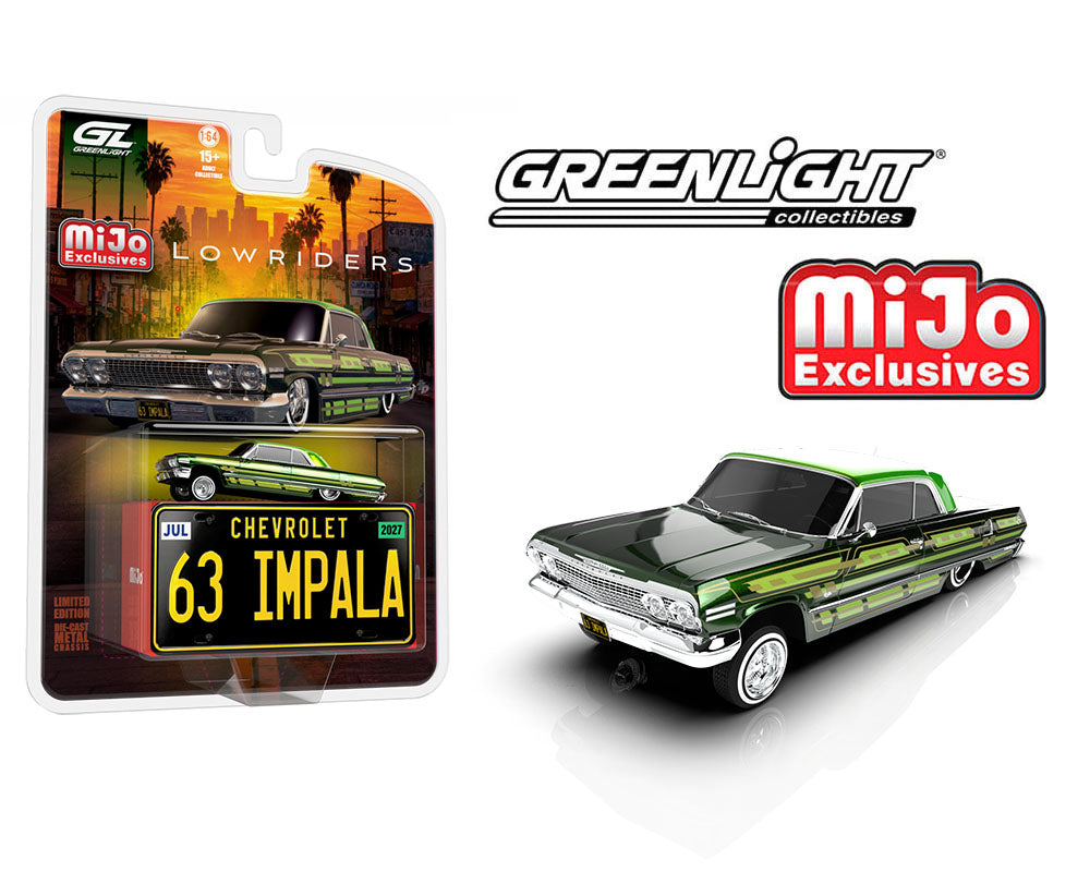 Preorder) Greenlight 1:64 Lowriders 1963 Chevrolet Impala SS w/ Mini Metal License Plate – Dark Green – Mijo Exclusives