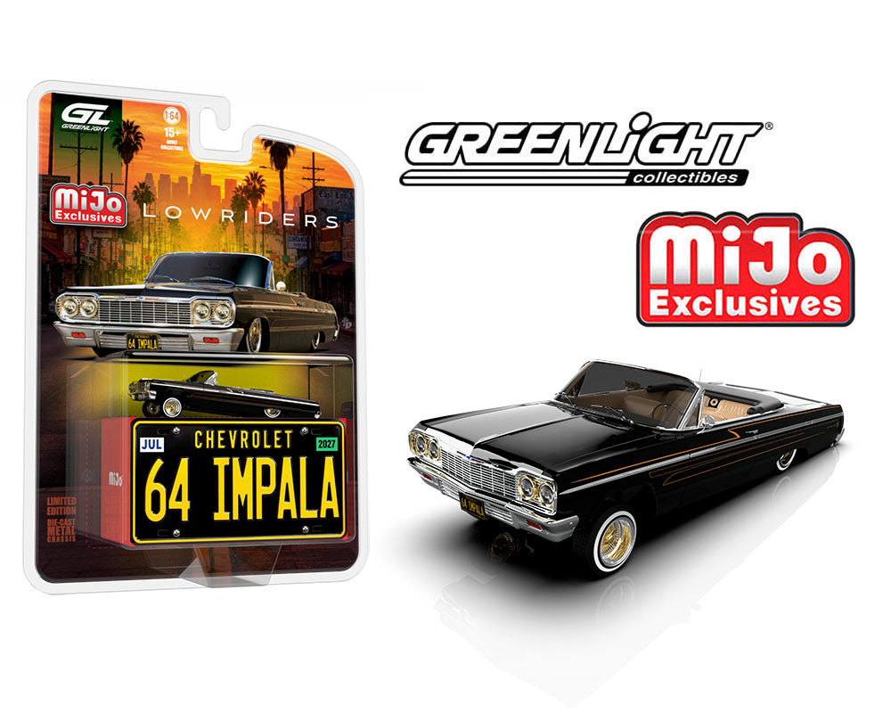Preorder) Greenlight 1:64 Lowriders 1964 Chevrolet Impala SS Convertible w/ Mini Metal License Plate – Black – Mijo Exclusives