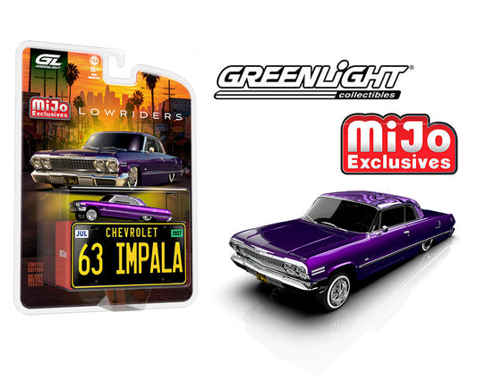 Preorder) Greenlight 1:64 Lowriders 1963 Chevrolet Impala SS w/ Mini Metal License Plate – Candy Purple – Mijo Exclusives