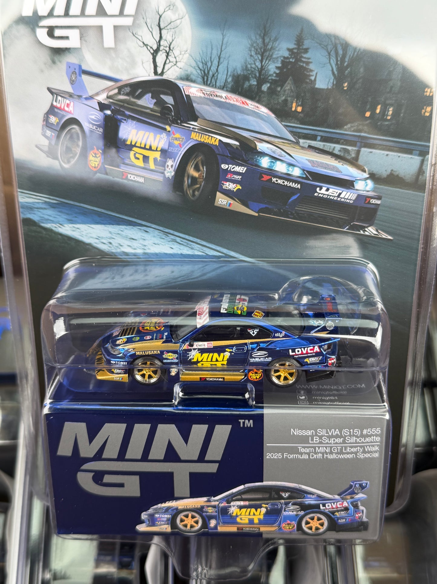 Mini GT 1:64 Nissan LB-Super Silhouette S15 SILVIA #555 Team MINI GT Liberty Walk 2025 Formula Drift Halloween Special – Chrome Blue