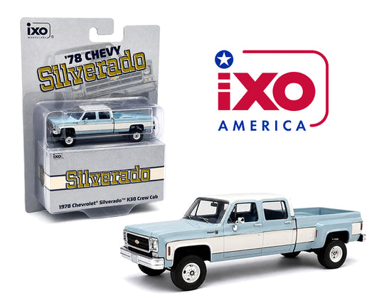IXO Model 1:64 1978 Chevrolet Silverado K30 Crew Cab Fleetside Lifted -Blue with White – Limited Edition