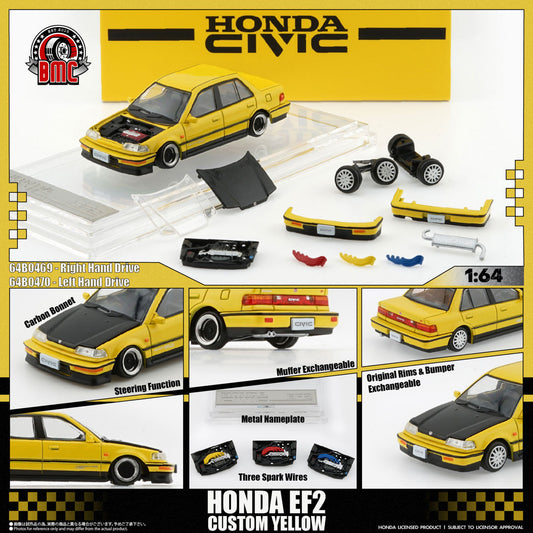 BM Creations 1/64 1991 Honda Civic EF2 (Custom Yellow with Black Hood)