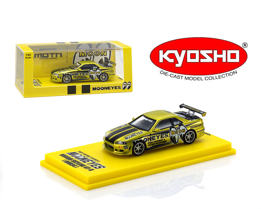 Preorder) Kyosho 1:64 Nissan GT-R (R-34) Mooneye’s 1 with MOTN LED Base Compatible -Liquid Yellow **Light Up Base Sold Separately**