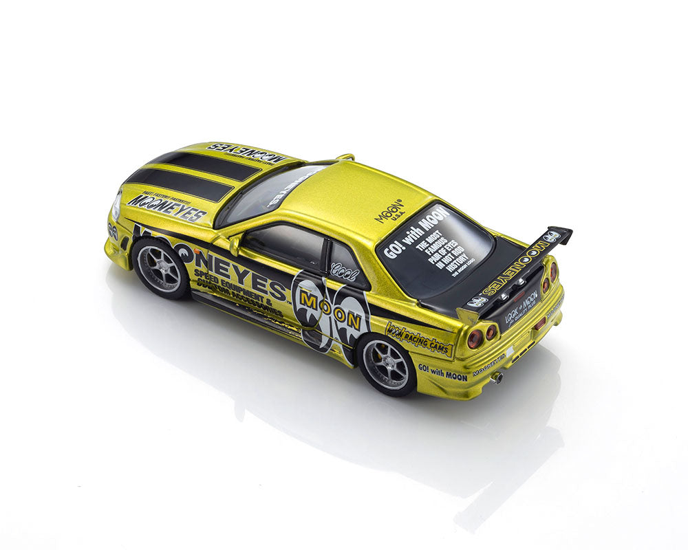 Preorder) Kyosho 1:64 Nissan GT-R (R-34) Mooneye’s 1 with MOTN LED Base Compatible -Liquid Yellow **Light Up Base Sold Separately**
