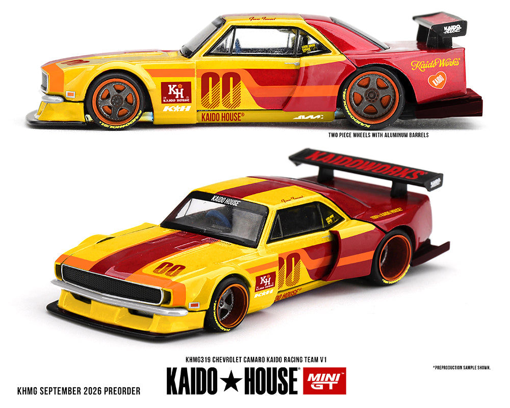 Preorder) Kaido House x Mini GT Chevrolet Camaro Kaido Racing Team V1- Red with Yellow Two-Tone