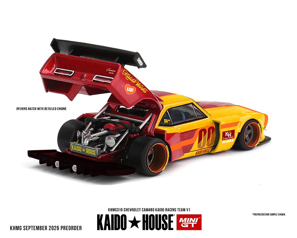 Preorder) Kaido House x Mini GT Chevrolet Camaro Kaido Racing Team V1- Red with Yellow Two-Tone