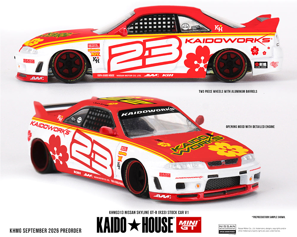 Preorder) Kaido House x Mini GT Nissan Skyline GT-R (R33) Kaido Stock Car V1 – White w/ Red Two-tone