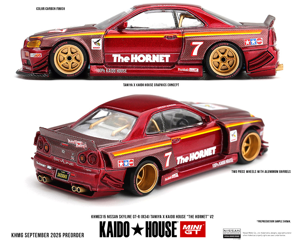 Preorder) Kaido House x Mini GT Nissan Skyline GT-R (R34) TAMIYA x KAIDO HOUSE “The Hornet” V2 – M. Red Carbon