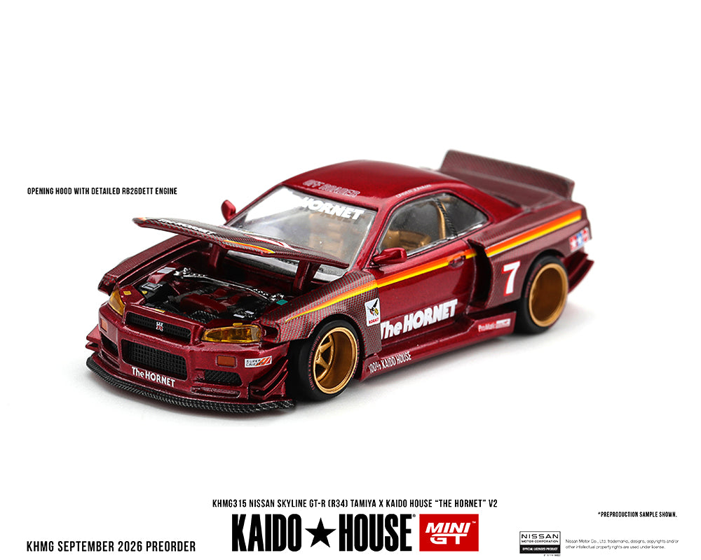 Preorder) Kaido House x Mini GT Nissan Skyline GT-R (R34) TAMIYA x KAIDO HOUSE “The Hornet” V2 – M. Red Carbon