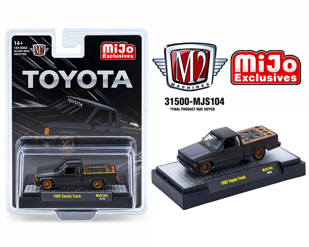 M2 Machines 1:64 1985 Toyota Pickup Truck Slammed Custom – Matte Grey w/ Carbon Hood – MiJo Exclusives