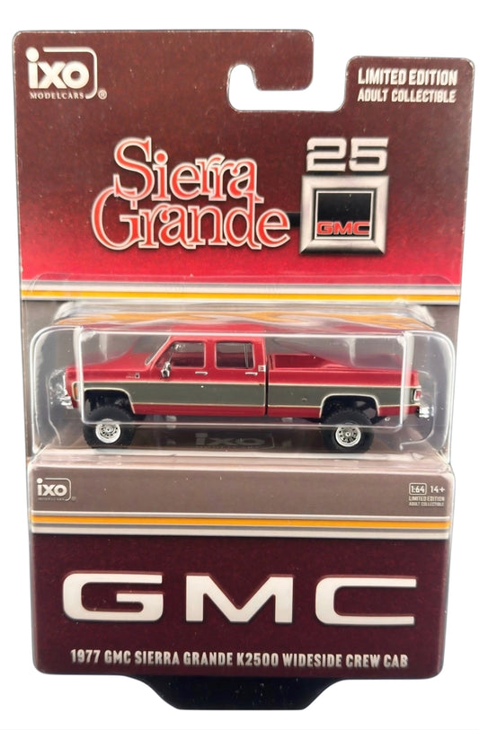 IXO Model 1:64 1977 GMC Sierra Grande K2500 Crew Cab Wideside – Dark Red Metallic and Silver Special Two-Tone – Lifted – Limited Edition