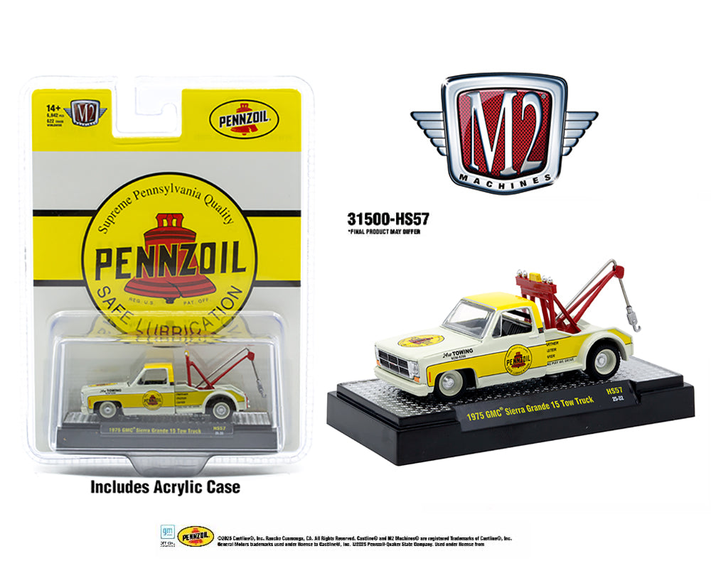 M2 Machines 1:64 1975 GMC Sierra Grande 15 Tow Truck Penzoil – Yellow- Hobby Exclusive