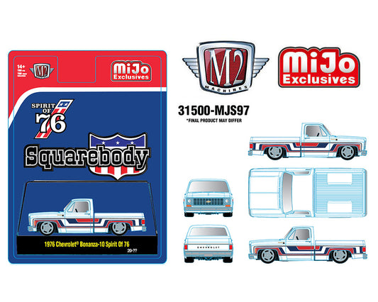 (Preorder) M2 Machines 1:64 1976 Chevrolet Silverado Bonanza-10 SPIRIT OF 76 Squarebody USA Special Edition – White – MiJo Exclusives