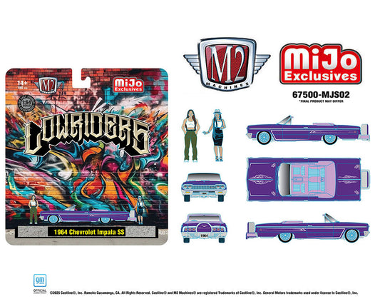 (Preorder) M2 Machines 1:64 Diorama Series 1964 Chevrolet Impala SS Convertible Top-Down Lowriders with 2 Ladies Figures – Metallic Purple – Mijo Exclusives