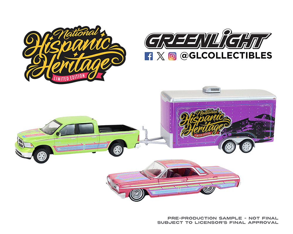 (Preorder) Greenlight 1:64 Hitch & Tow – 2014 Ram 1500 with 1964 Chevrolet Impala Lowrider in Enclosed Hauler – Hispanic Heritage Month Tribute – Sergio Rocha Special Edition