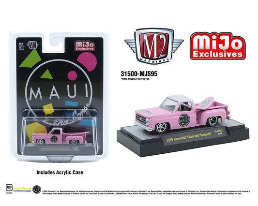 M2 Machines 1:64 1979 Chevrolet Silverado Stepside with Surfboard Maui & Son – Pink – MiJo Exclusives Limited Edition