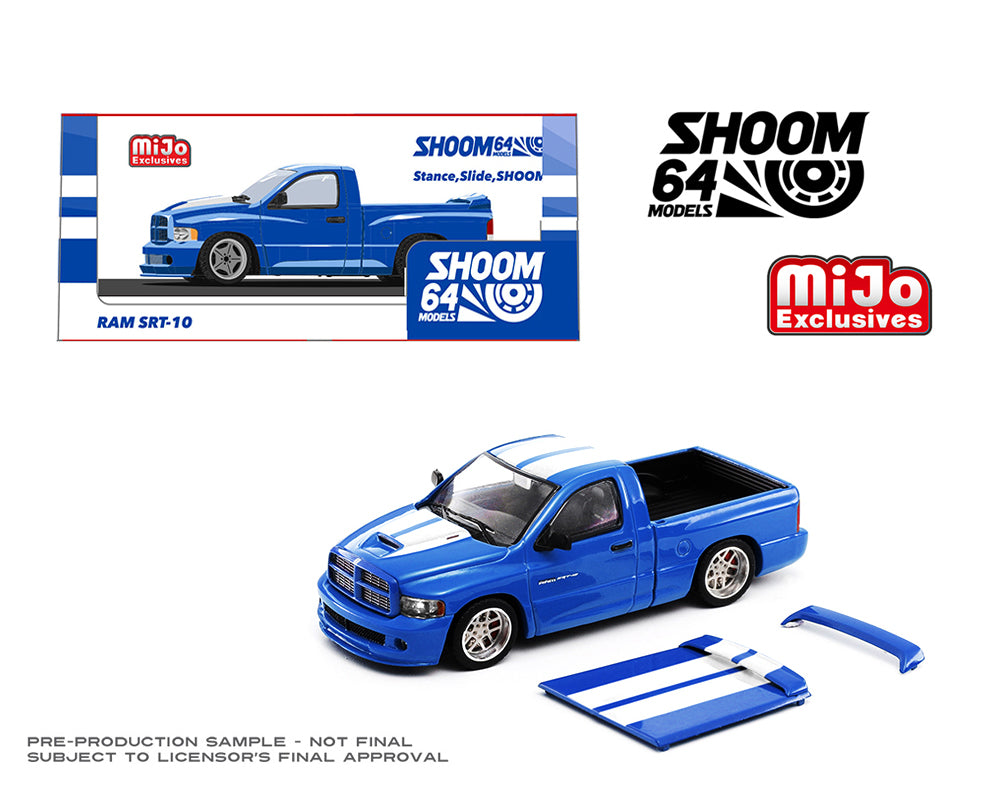 SHOOM64 1:64 2003 Dodge Ram SRT-10 Pickup – Electric Blue Pearl / White Stripes – Limited Edition Mijo Exclusives