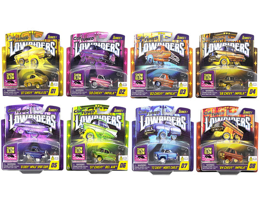 CarTuned 1:64 Lowriders SHOW GLOW Series 1 Assortment of 8 Styles 2025 – L.E.D. Light Up Chassis