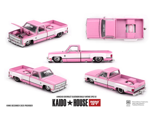 (Preorder) Kaido House x Mini GT Chevrolet Silverado Dually Vintage Spec V2 – Pink with White