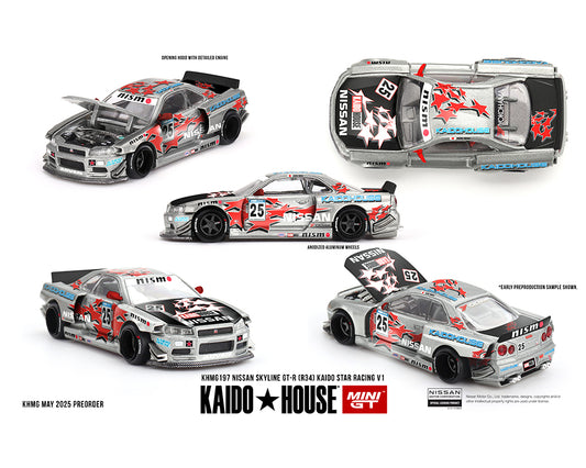 (Preorder) Kaido House x Mini GT 1:64 Nissan Skyline GT-R (R34) Kaido Star Racing V1- Silver Sep